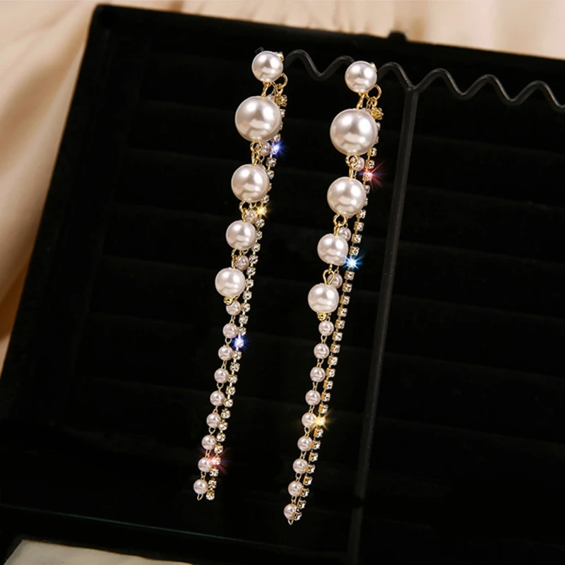 Модные длинные висячие серьги F2TD с имитацией жемчуга и кисточками модные