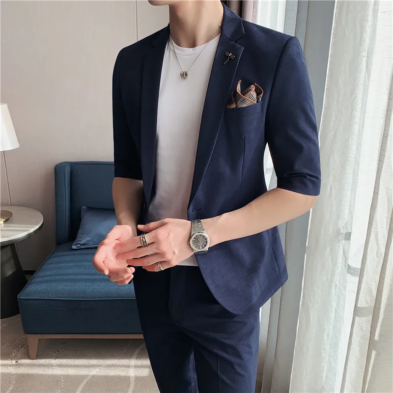 

Костюм мужской из двух предметов с рукавом до локтя, облегающий деловой Повседневный формальный костюм для свадьбы, вечеринки, шафера, лето ...