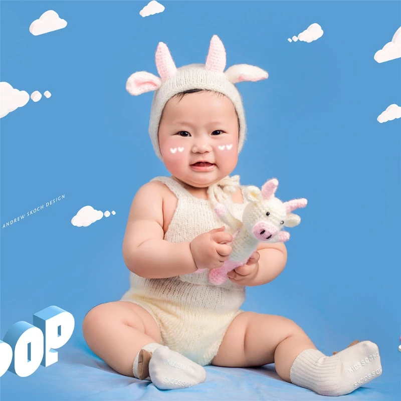 

R9UE 3Pcs/Set Newborn Infant Baby White Pink Cow Ox Photography Props Knitted Sleeveless Pocket Rompers with Beanie Hat Doll
