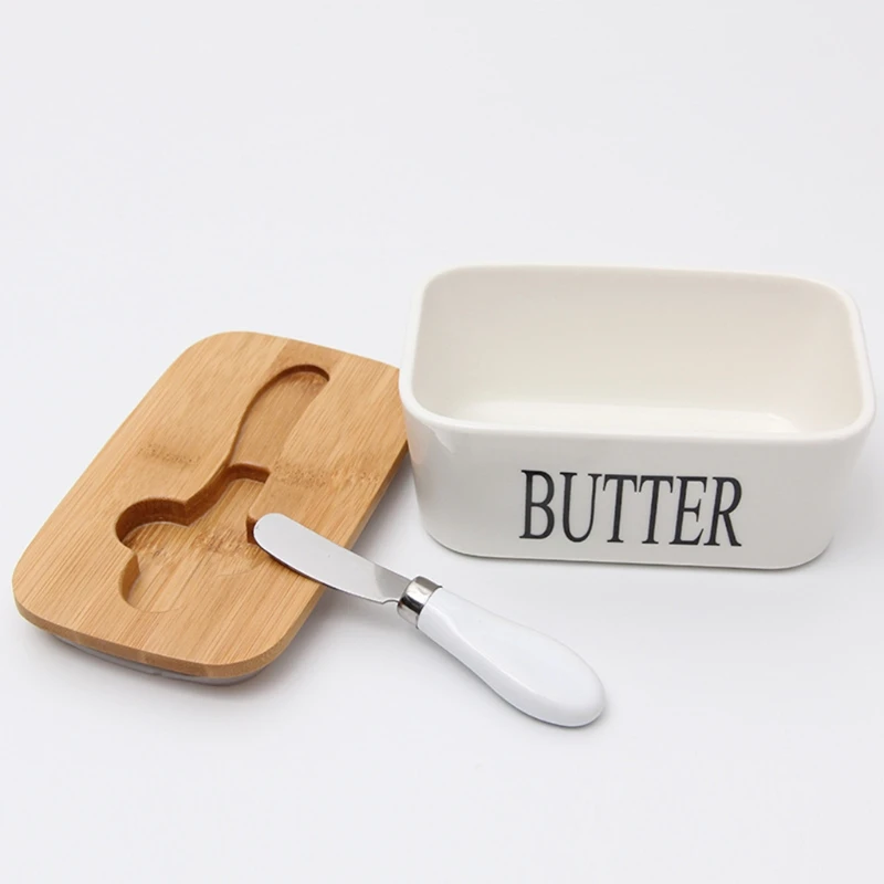 SFVEFVD Ceramic Butter Dish Tray Sealing Box with Wooden Lid Stainless Steel Cheese Knife Home Kitchen Storage Organization |