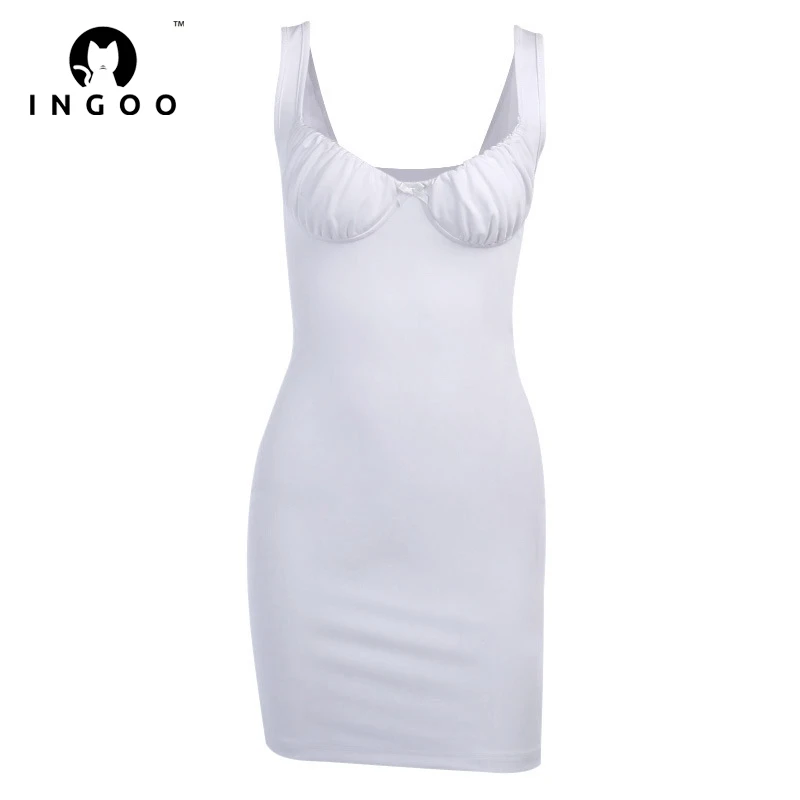 

INGOO Bodycon Tank Dresses Women Sexy Party Bust Ruched Sleeveless Sundress Solid Slim Skinny Elegant Black Clubwear Mini Dress
