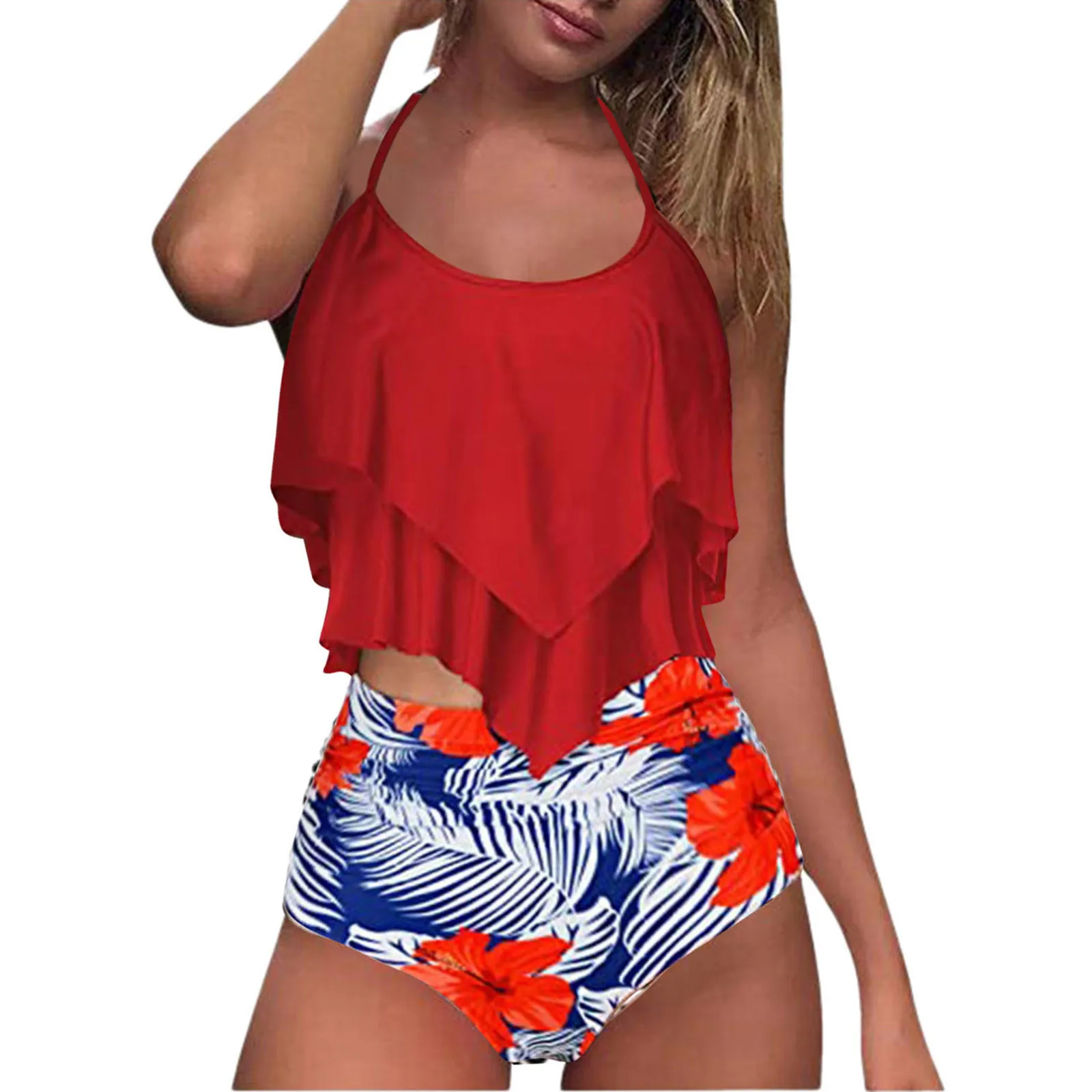 

Swimsuit Women 2 Pieces High Waist Sexy Swimsuit Two Piece Ruffled Flounce Top With Ruched Bottom Bikini Swimsuit