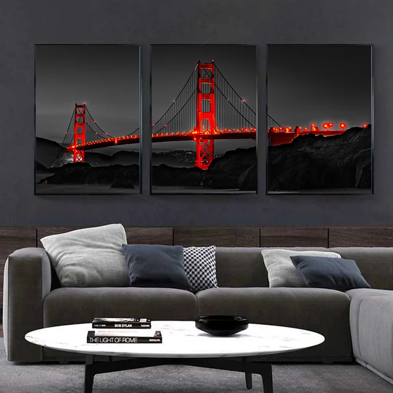

City Landscape Canvas Painting Bridge Landmark Poster Night View Scene Wall Art Living Room Bedroom Decor Picture