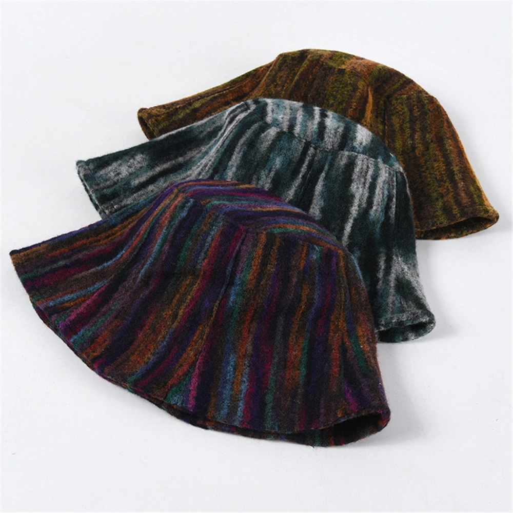 BUTTERMERE Woolen Bucket Hat Women Vintage Autumn Winter Hats for Women Striped Fishing Hats