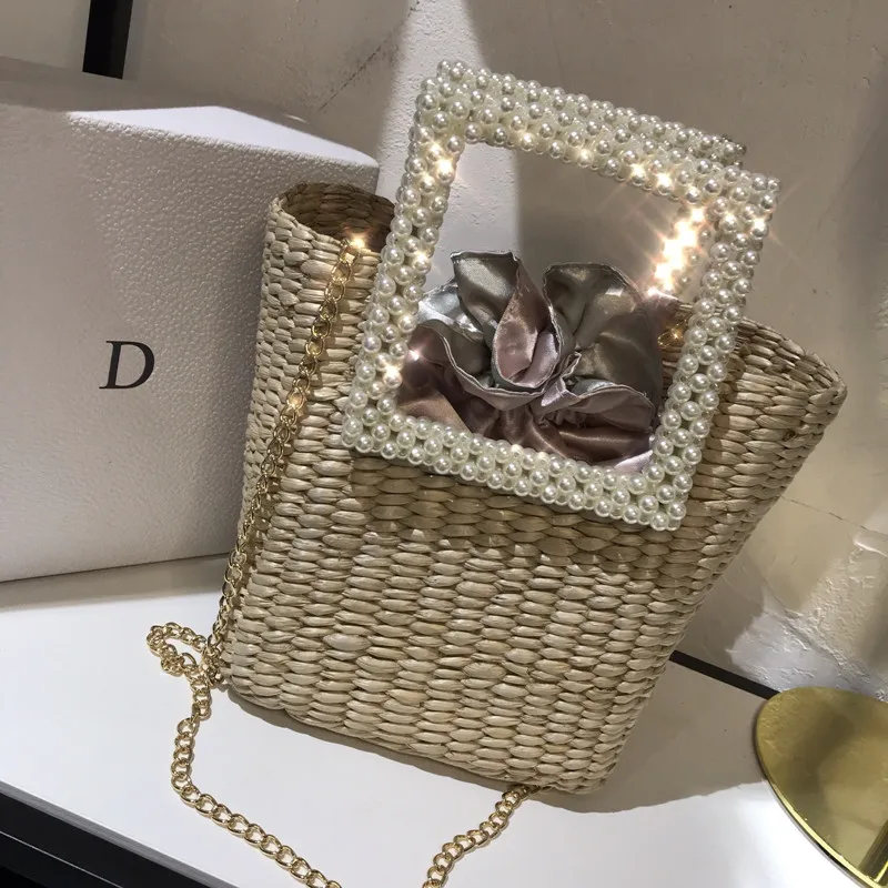 

summer New Women's Bag with Pearl Ladies Hand Bags Straw Basket Large Tote Crossbody Messenger Bag for Women Handbags and Purses