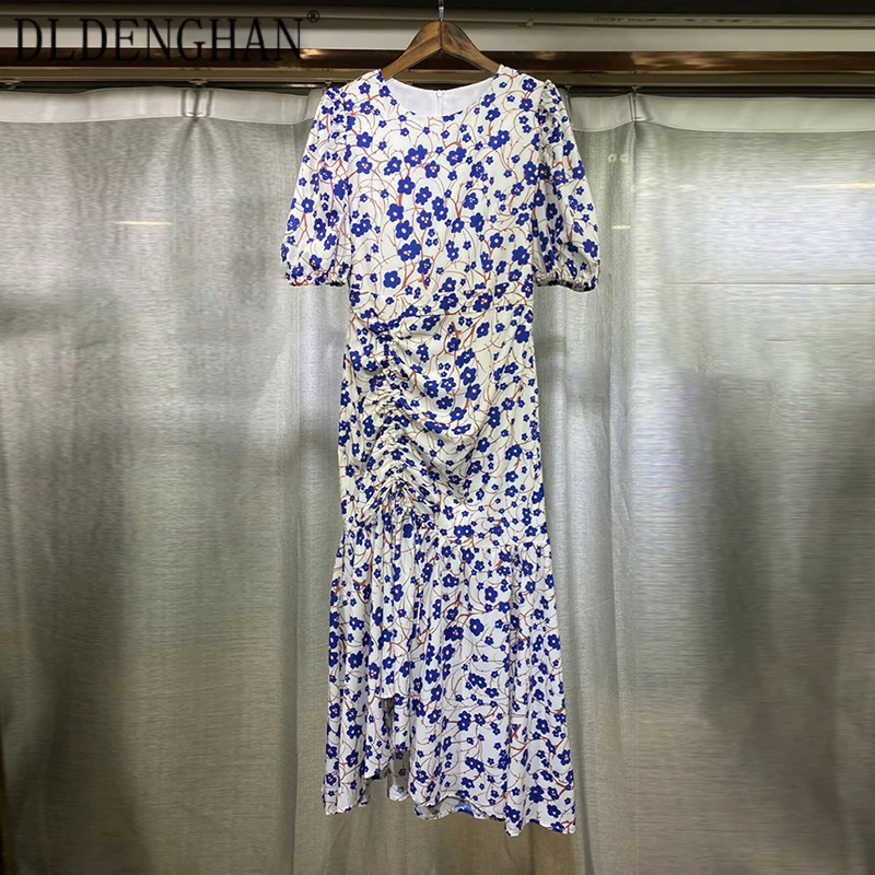 

Дизайнерское винтажное платье DLDENGHAN с цветочным принтом для женщин, асимметричное длинное летнее платье с круглым вырезом и коротким рукав...