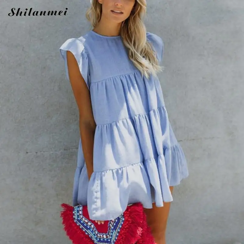 

Ruffles Casual Dress Women Short Sleeve Solid Round Neck Female Loose Dress A-Line Mini Sexy Sundress Beach Party Vestidos Blue