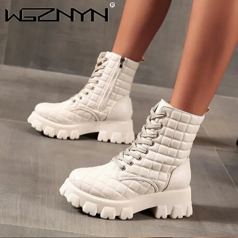 

New Fashion Winter Motorcycle Boots for Women Lace-up Mid-calf Boots White Autumn Spring Retro Shoes Pu Leather Hiking Shoes