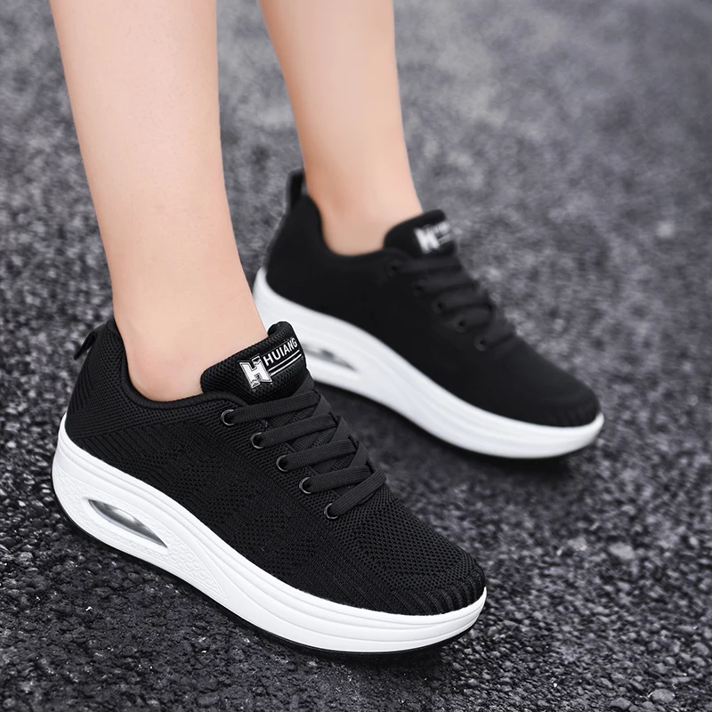Women Running Shoes Height Increasing Platform Sneakers Woman Breathable Air Cushion Lace-up Slimming Shoes