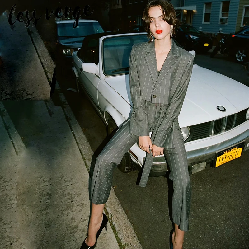 Lessverge элегантный полосатый Женский комплект из 2 предметов офисный женский серый