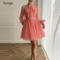 verngo peachy pink dotted tulle prom dresses long puffed sleeves bow collar velvet belt pockets mini party formal gowns 2021
