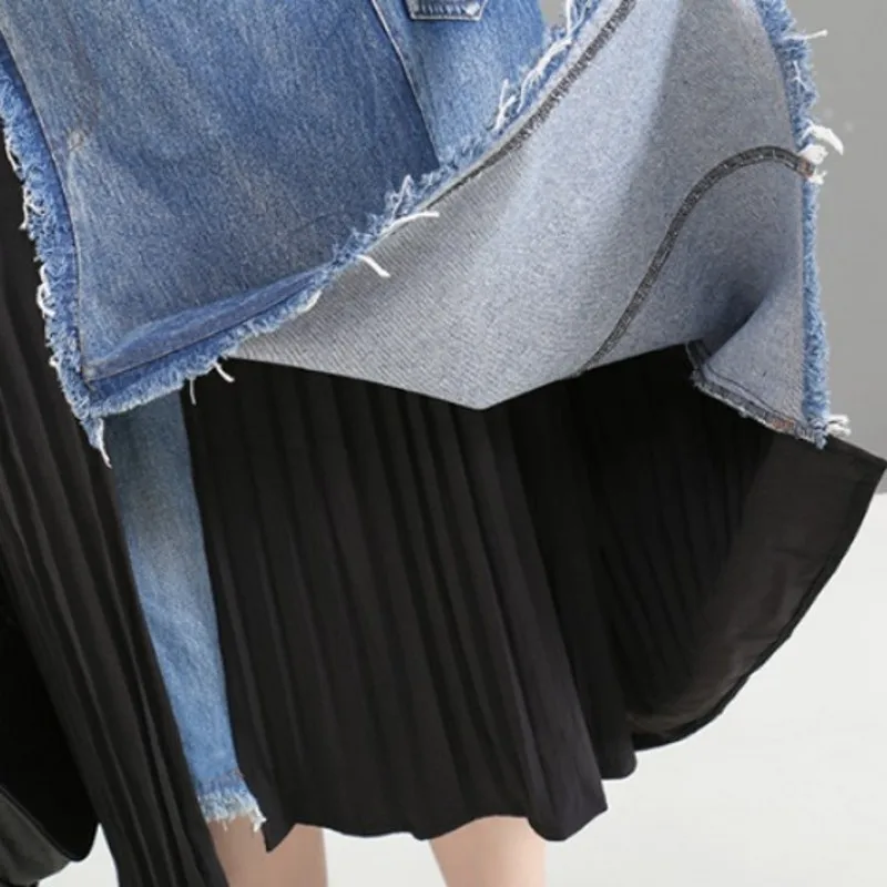 

Summer Asymmetrical Denim Patchwork Skirts Female Streetwear Slim High Waist A-Line Pleated Skirt Fashion Designer Midi Skirt