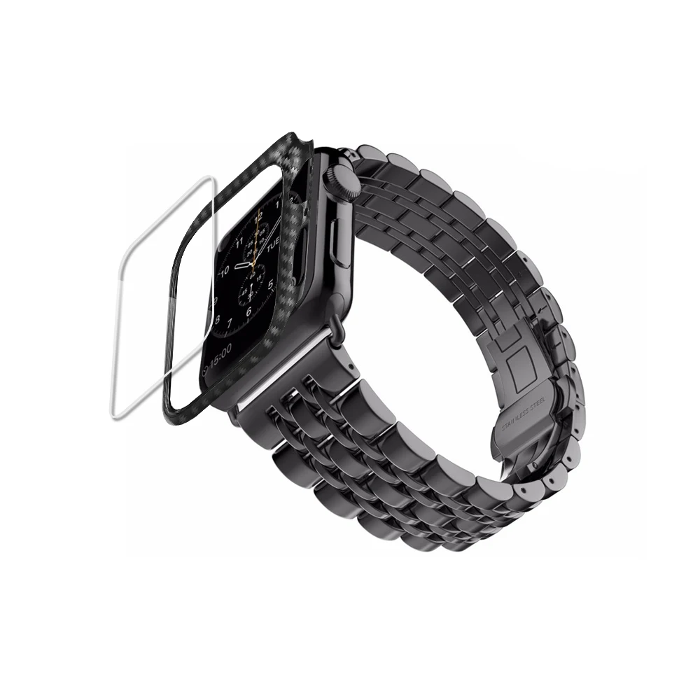 black band case Чехол из углеродного волокна+ ремешок для apple watch band 44 мм 40 мм apple watch 5 4 3 42 мм/38 мм iwatch band correa ремешок из нержавеющей стали - Цвет ремешка: black band case