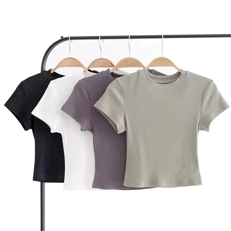 

Ribbed Casual Tshirts Cotton Slim Women Summer Exposed Navel Short Sleeve Crop T Shirt Ladies O-Neck Collar Solid Tee Shirt S M