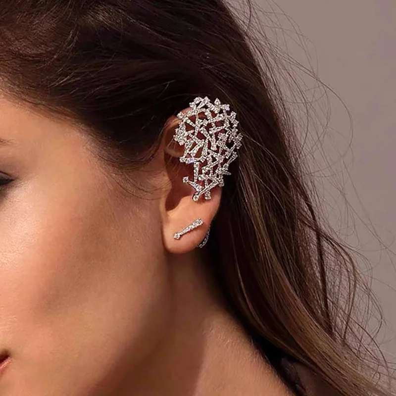 

Silver Color Asymmetry Dandelion Ear Clip Earrings Long Chain AAA Zircon Luxurious Women's Accessories Women Designer Jewelry