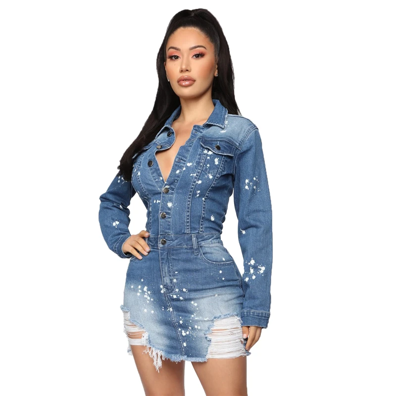 

Sexy Stretch Front Open Turndown Collar Cotton Bodycon Ripped Jeans Dresses Women Denim Mini Dress Ddlg Ropa Mujer Talla Grande