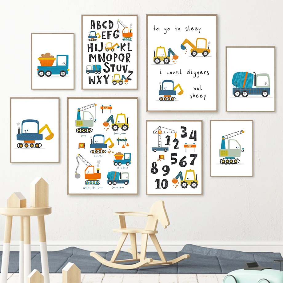 

Cartoon Crane Excavator Dump Truck Front Loader Wall Art Canvas Painting Nordic Posters And Prints Wall Pictures Kids Room Decor