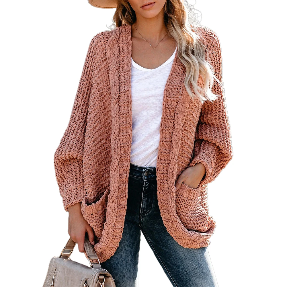

Pop Autumn Winter Knitwear Cardigan Sweater Women Winter Solid Color Knitted Pocket Loose Large Size Cardigan Sweater Coat