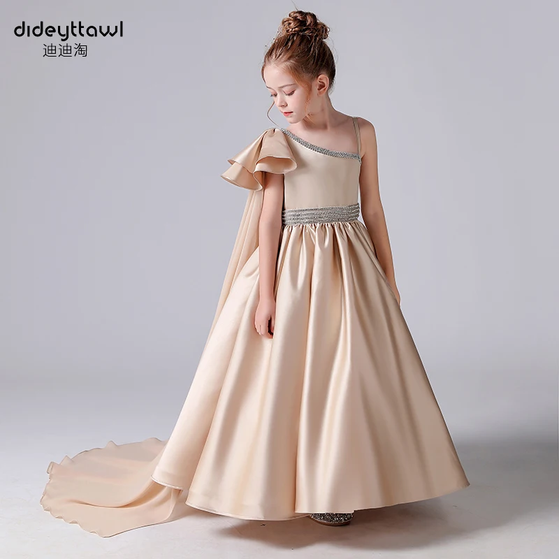 

Атласное платье для девочек DDT цвета шампанского, с кристаллами и бисером, с цветочным рисунком, для свадьбы, первого причастия, для особых с...