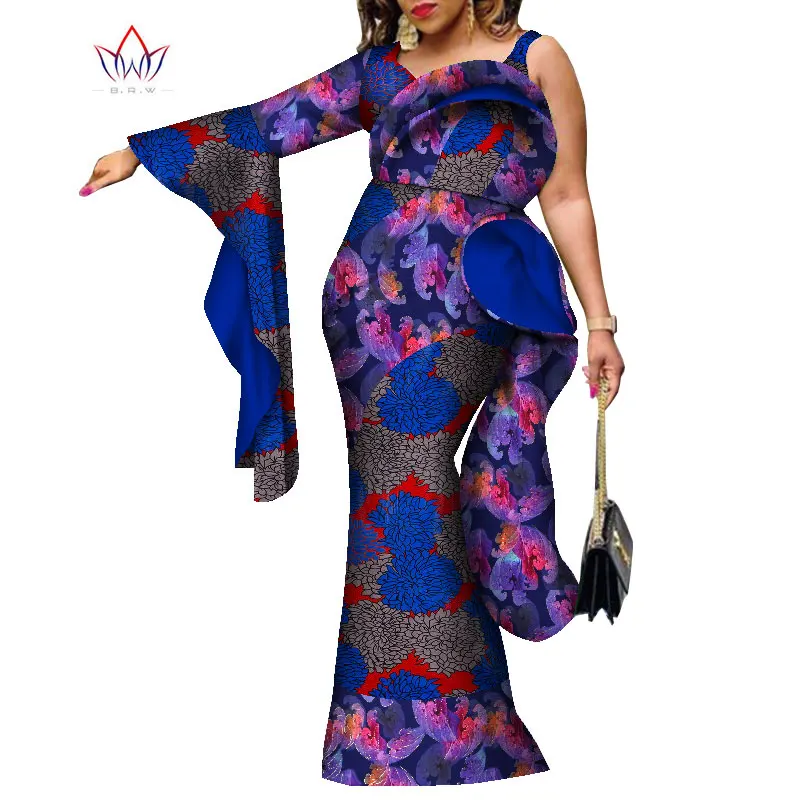 Bintarealwax Single Sleeve African Maxi Dress Bazin Riche Sexy Print Wax Long Dresses Plus Size 7XL Africa Clothing WY9105