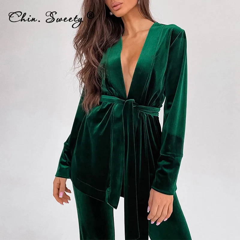 

Женский бархатный топ с V-образным вырезом и брюки, комплект из двух предметов, новинка сезона осень-зима 2021, топы на шнуровке с длинным рукав...