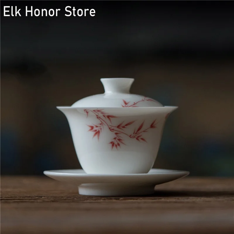 

165 мл белая фарфоровая чайная чаша Ручная роспись красная бамбуковая чайная чаша с блюдцем комплект крышек мастер молоко олун женский дорож...