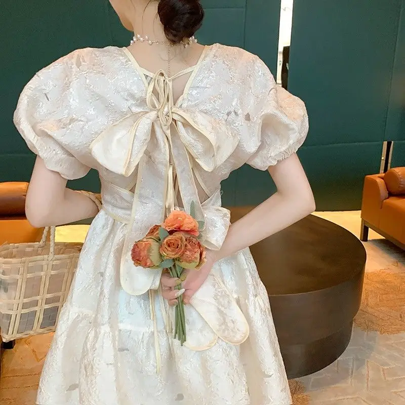 

French Vintage Fairy Dress Women Hollow Out Designer Backless Korean Style Dress 2021 Summer Casual Loose Sexy Party Midi Dress