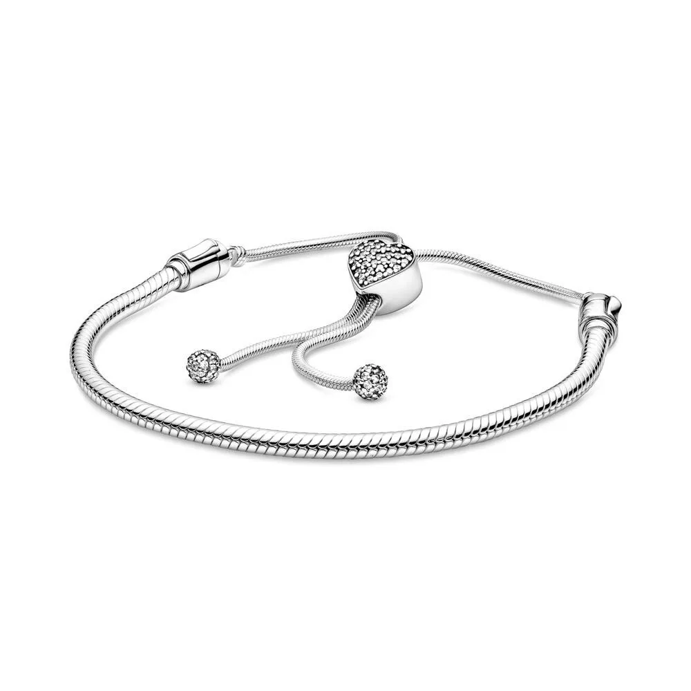 

Amas Original 925 Sterling Silver Moments Pave Heart Bracelets Clasp Sliding Adjust Snake Chain Bracelet Charm Beads Jewelry