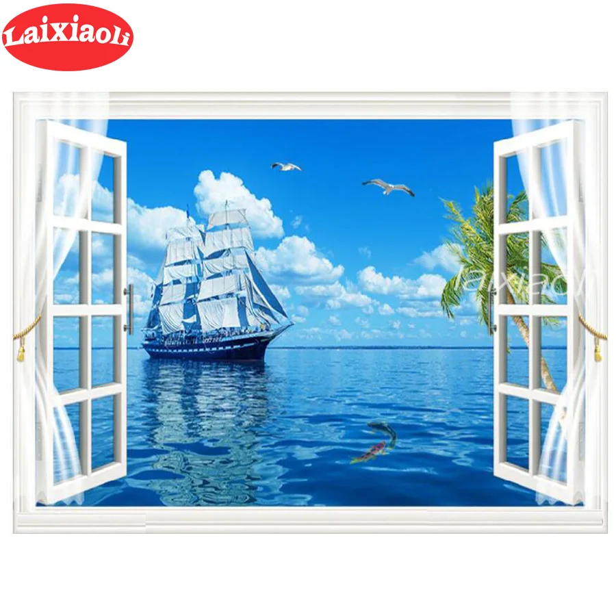 

5D Diy Diamond Painting Cross Stitch full Square Diamond Embroidery Winter ship seascape scene window picture for room Decor