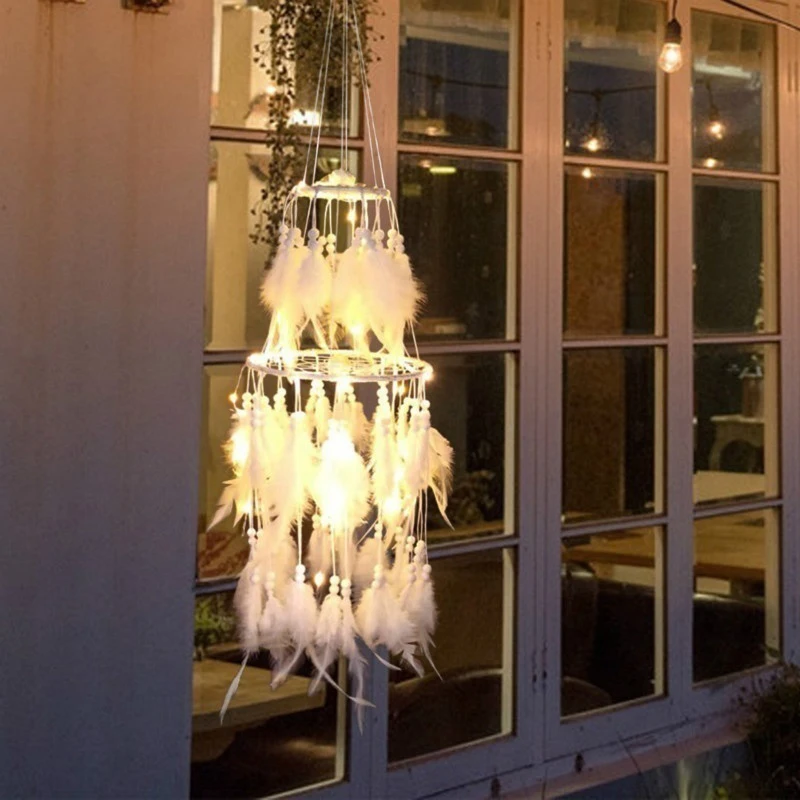 

Dreamcatcher Double-Deck Home Wedding Decoration Party Gift Vintage Wind Chimes White Feather LED Light Dream Angle Dreamcatche