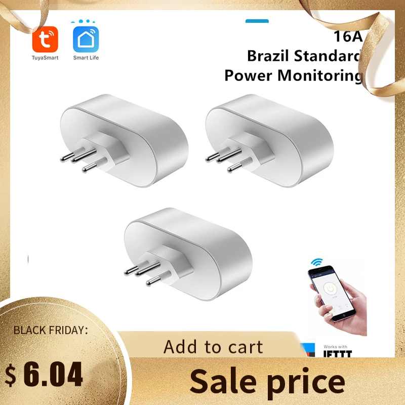 Новый умный WiFi Разъем питания 16A бразильский стандарт с монитором энергии Tuya