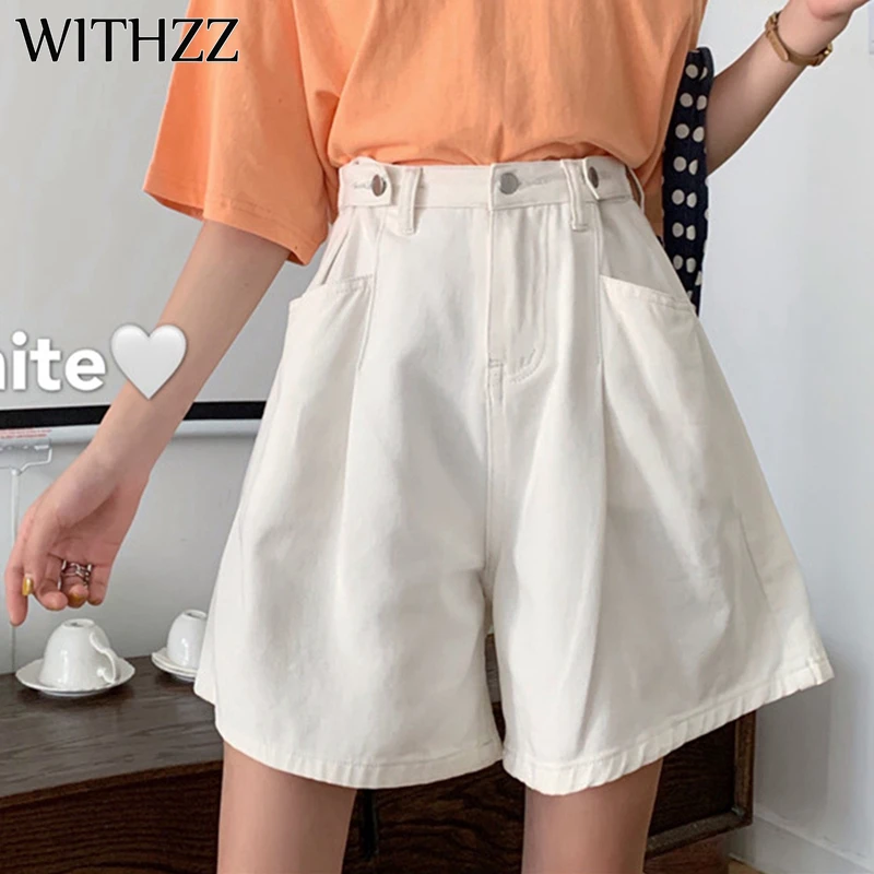 

WITHZZ Spring Summer Women's Loose Straight Wide Leg Pants Jeans Denim Shorts