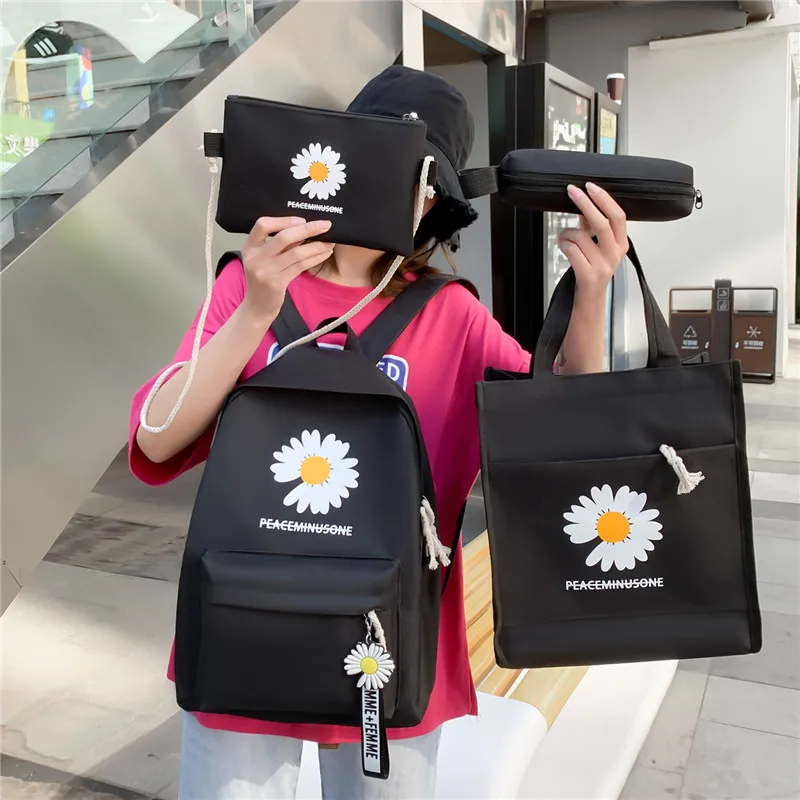 

4set Canvas Backpack Casual Shoulder Bags Solid Color Women Backpack Fashion Teen Girl School bag Mochilas Female Schoolbag