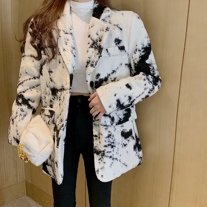 

Korean Elegant Tie Dye Suit Jacket Vintage Causal Long Sleeve Notched Collar Blazer Coat 2020 Autumn New Blazers Feminimo