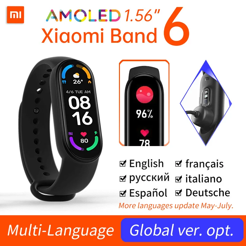 Xiaomi Mi Band 6 глобальная версия CN умный Браслет 1 56 дюйма AMOLED красочный SpO2 пульсометр