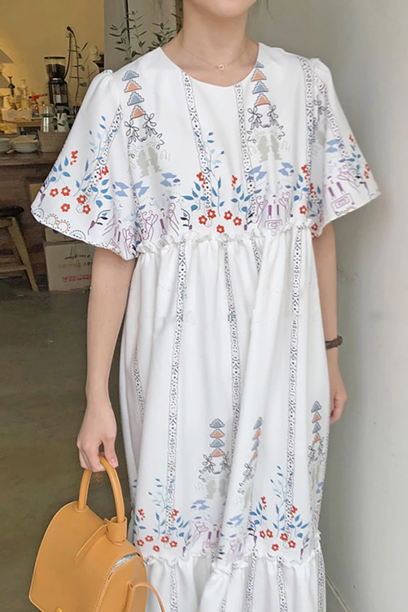 

Korejpaa Women Dress 2021 Summer Korean Chic Retro Palace Style Round Neck Print Wooden Ear Stitching Loose Puff Sleeve Vestidos