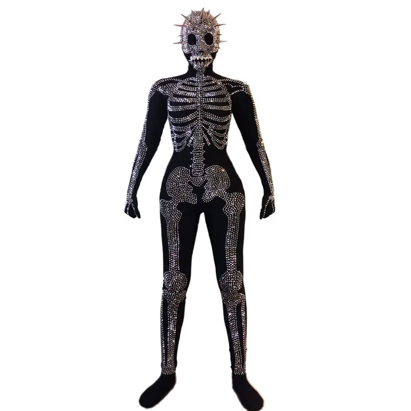 

Halloween Party Cosplay Costume Skull Pattern Silver Rhinestones Spandex Skinny Jumpsuit Nightclub Stage Role-playing Adult Wear