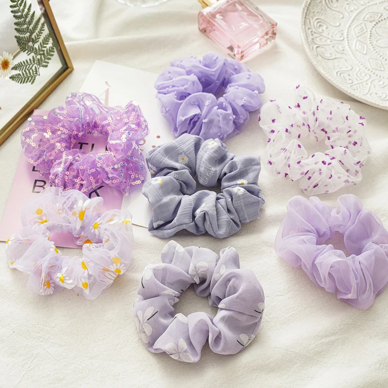 

Chiffon Purple Scrunchies Women Floral Elastic Hair Bands Girls Hair Accessories Striped Ponytail Holder Daisy Rubber Hair Ties