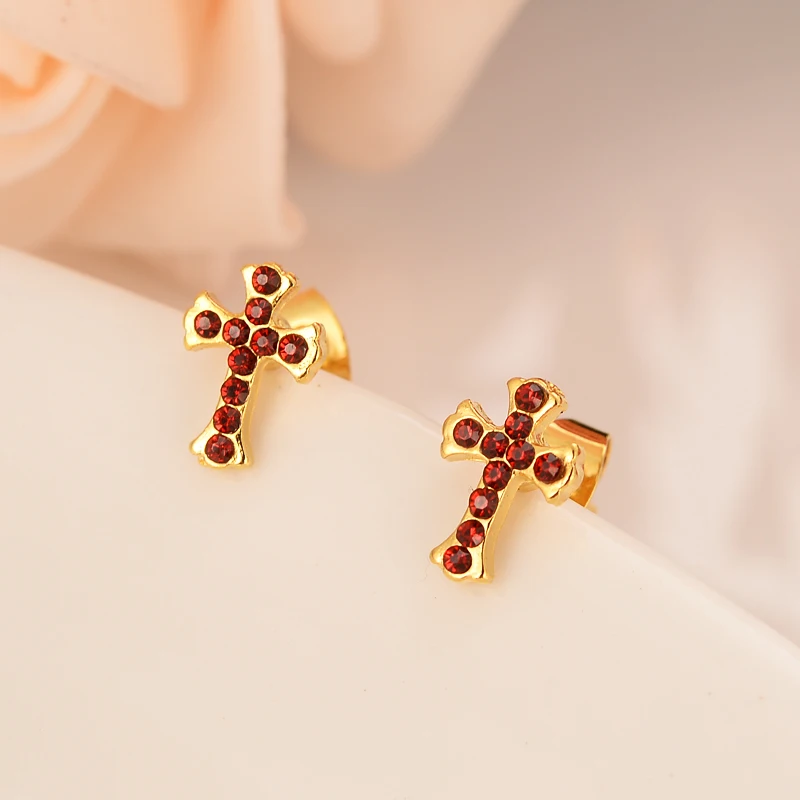 

2021 Fashion Jewelry Red Zircon Cross Studs Earrings For Women Gold Color Earrings Dubai African Arab Jewelry Gifts