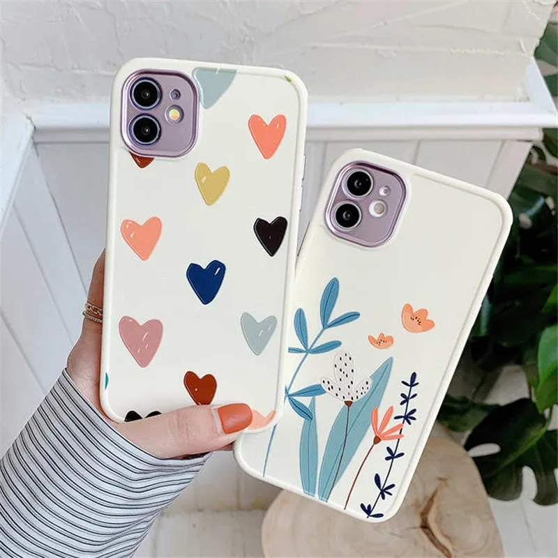 

Matte Cute Cartoon Love Heart Fruit Pattern Floral Phone Case For iPhone 11 12 Pro X XR XS Max SE 2020 7 8 Plus Soft TPU Cover