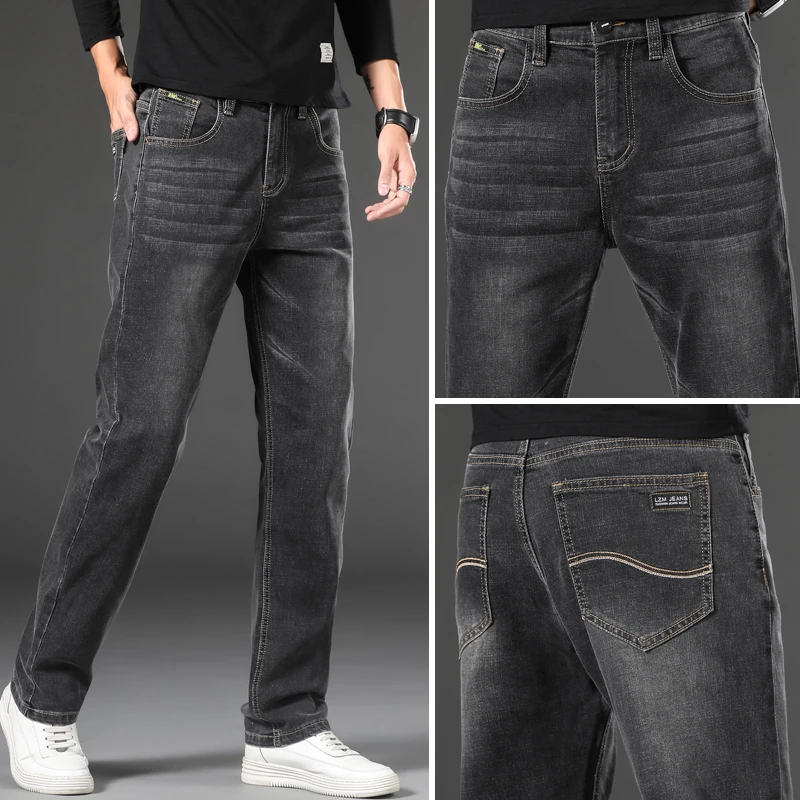 

SHAN BAO 2021 Autumn Brand Classic Style Gray Denim Jeans Plus Size Young Men's Fashion Stretch Fit Straight Jeans 28-46