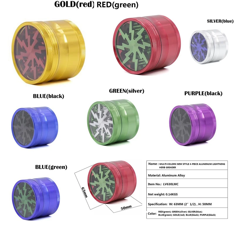 Цветная мельница для трав с молнией 4 слоя 63 мм алюминиевый дым табак Прямая