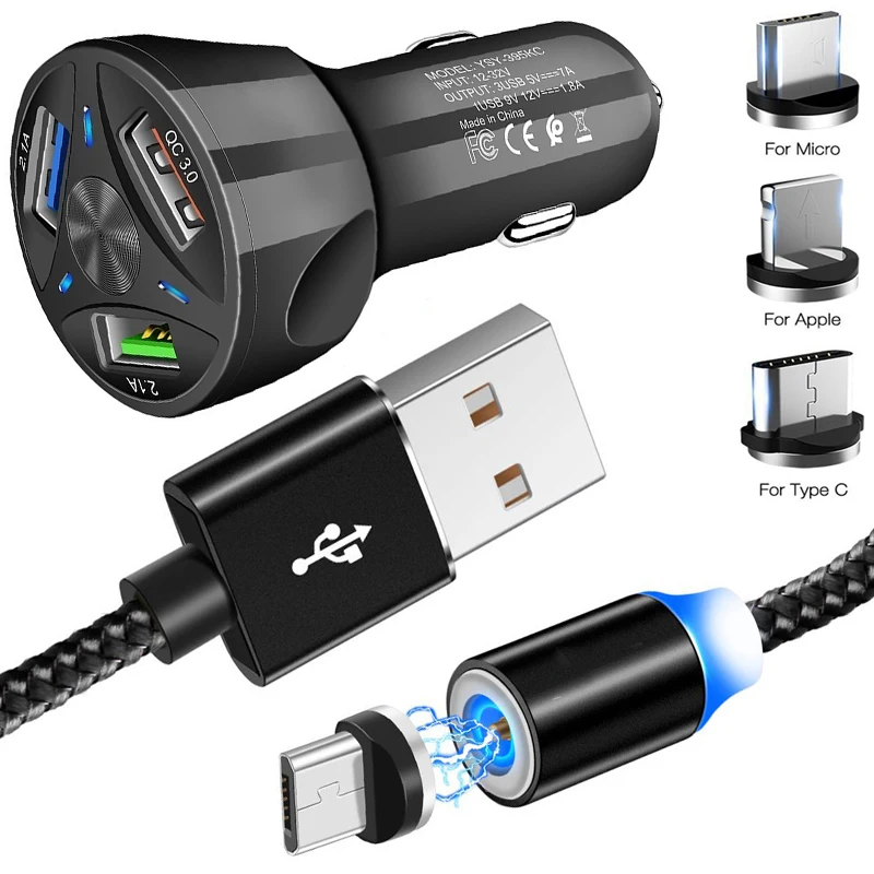 Быстрое Автомобильное зарядное устройство QC 3 0 магнитный кабель USB Type C Micro для
