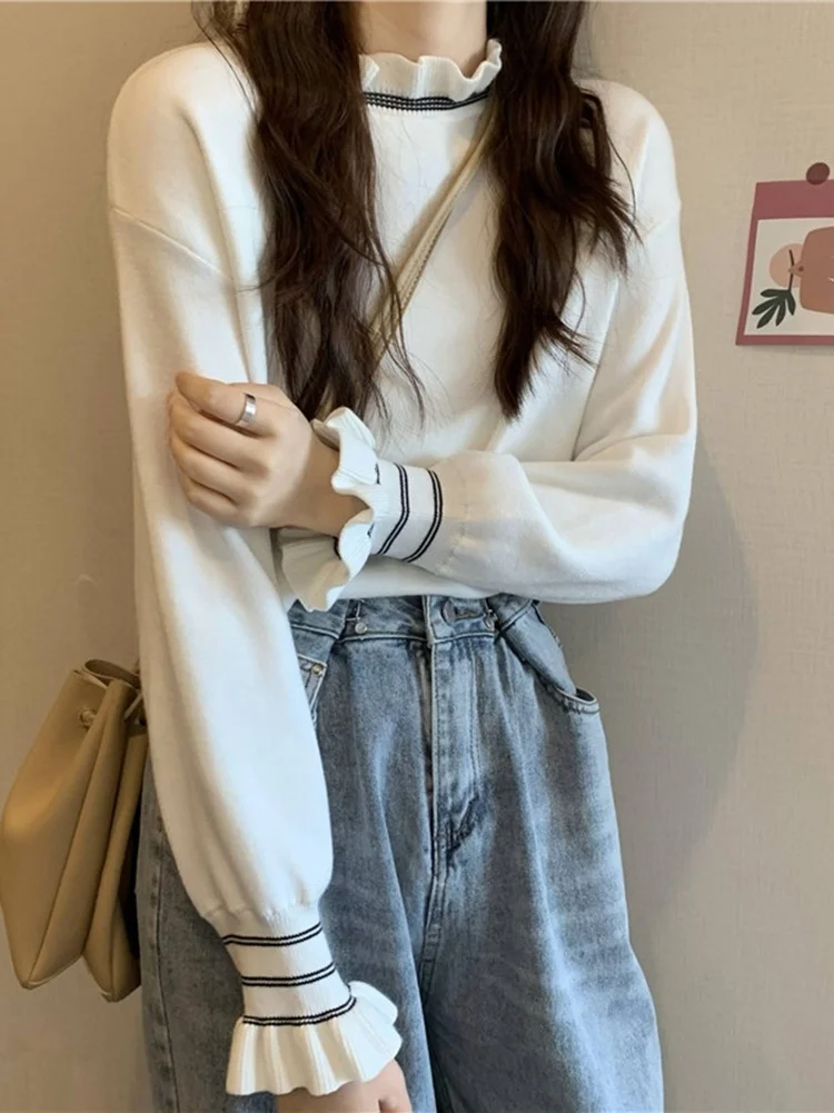 

Fashion Trumpet Long Sleeve Top White Bottoming Pullovers Sweater With 2021 Streetwear Half-high Collar Outer Knit Clothes Tops