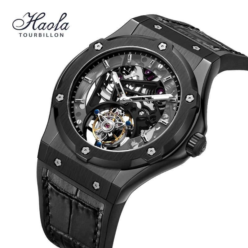 

Haofa Tourbillon watch sapphire skeleton watch mens 2021 waterproof leather strap