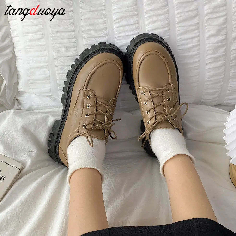 

Women Oxfords 2021 Spring Autumn Casual Platform Shoes Black Khaki Lace Up Leather Shoe Sewing Fashion Round Toe Chunky Sole