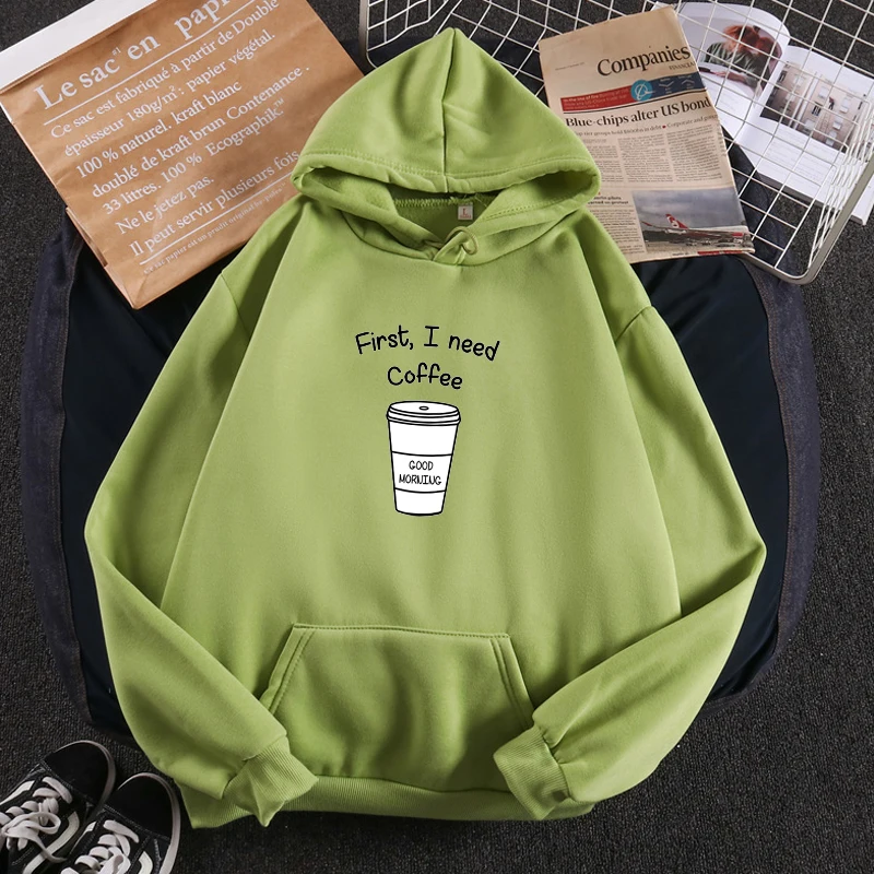 

Avocado Green Women Print Harajuku Hoodies First I Need Coffee Letter Sweatshirt Long Sleeve Turtleneck Fleece Girls Pullover