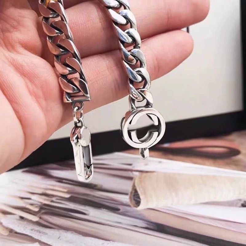 

925 Sterling Silver Interlocking G Hand Chain Cuba Retro Trend Hip Hop Men Women Hand Chain Jewelry Personality Gift
