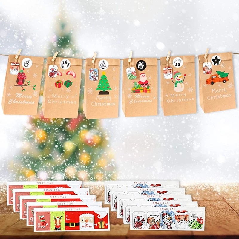 

24 набора рождественских сумок с календарём и календарём на 24 дня, подарочные пакеты из крафт-бумаги, сумки для рождевечерние, рождественски...