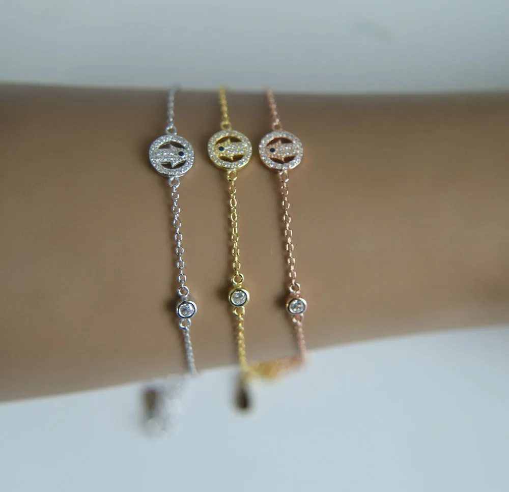 100% 925 sterling silver simple girl women cute jewelry bezel cz hamsa hand connector delicate fine chain bracelets | Украшения и
